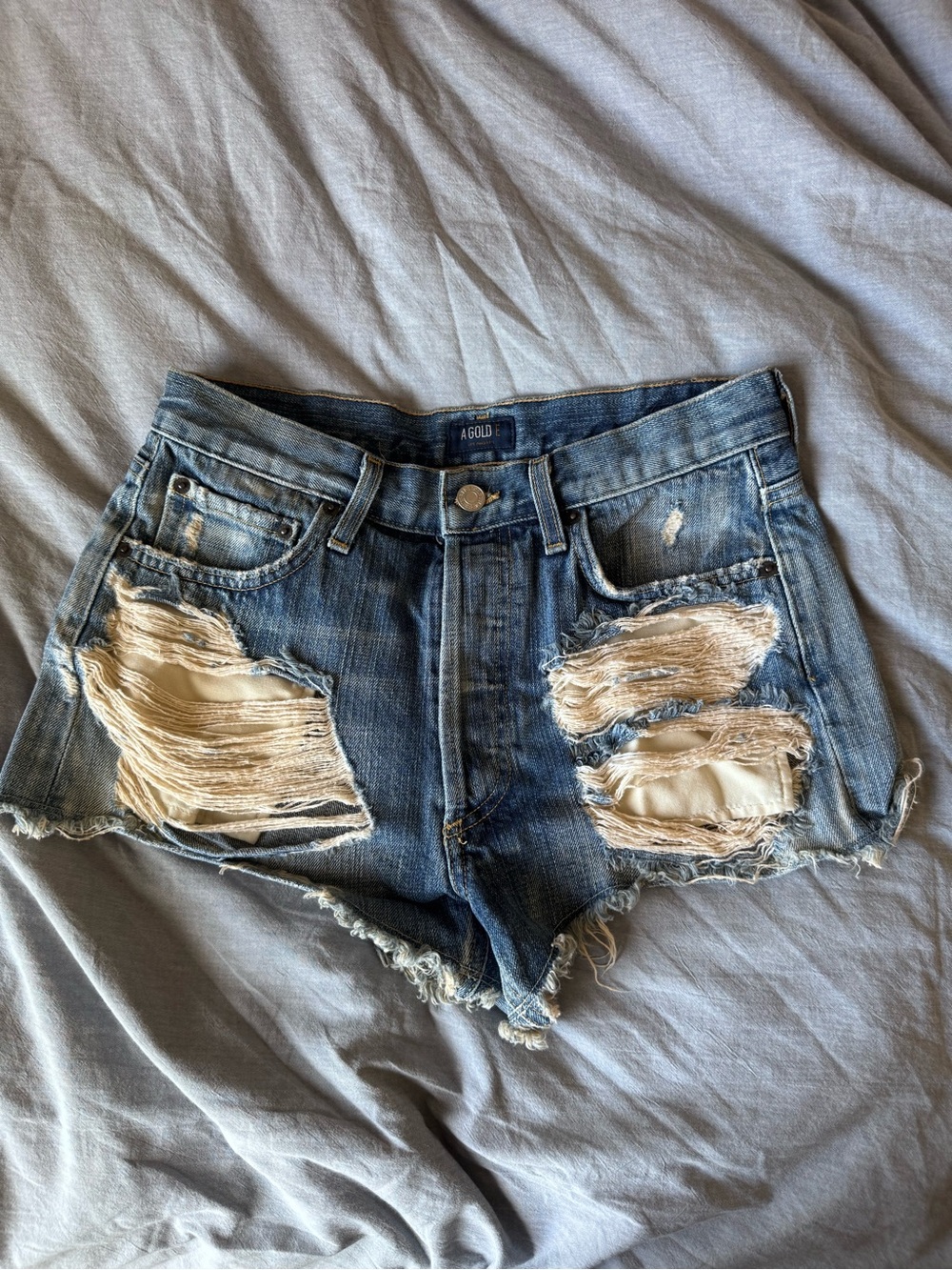 Agolde Parker Distressed Blue Denim High-Rise Jean Shorts 24